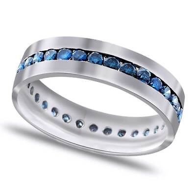 #ad 1.25ct Blue Real Diamond Eternity Mens Wedding Band Ring 14K Solid White Gold $1421.39