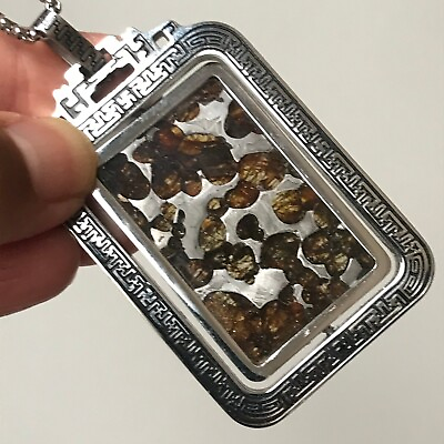 #ad Sericho Pallasite Meteorite Rectangle Rotate Pendant Perfect Stainles Steel Fram $169.99