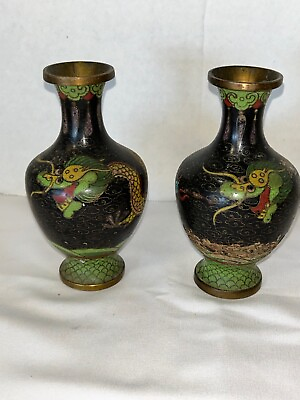 #ad Pair Of Older Rare Dragon Patterned Cloisonne Vases 5quot; Unsigned $199.95
