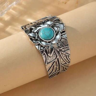 #ad Boho 925 Sterling Silver Vintage Turquoise Tibetan Tibet Bracelet Bangle Cuff $15.74