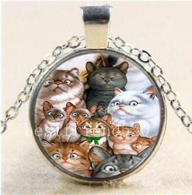 #ad New Cute Cats KITTIES Photo Cabochon Glass Tibet Silver Chain Pendant Necklace $11.00