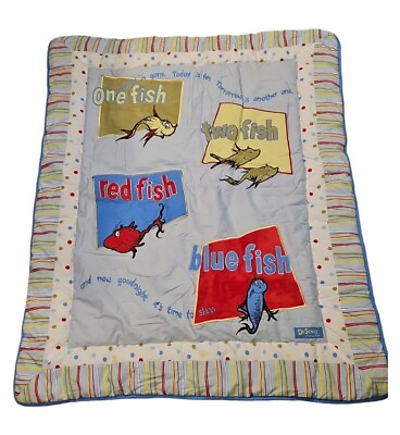#ad Dr Seuss Crib Set Quilt Baby Sheet Skirt Nursery Bedding 3 Pc One Two Fish Blue $36.95