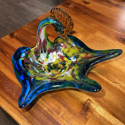 #ad VTG Glass Swan Bird Colorful MCM Candy Bowl UNIQUE blue Green Yellow Orange $45.00