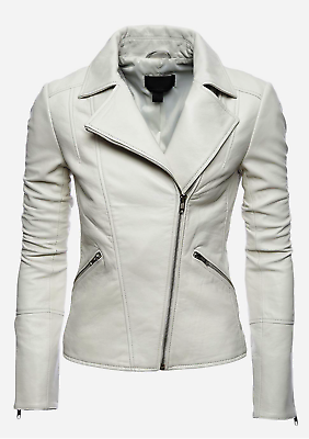 #ad Genuine Leather Jacket Women white Biker Cafe Motorcycle Jacket Soft Lambskin $134.00