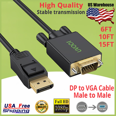 #ad 15FT DisplayPort DP to VGA Cable Monitor Adapter for PC HP Dell HDTV 10FT 6FT US $14.59