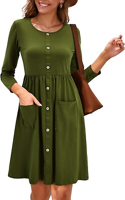 #ad KILIG Women Lightweight Casual Sundress Button Long Sleeve Dress Pockets Green M $12.95