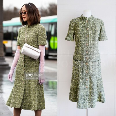 #ad NWOT CHANEL 19P GREEN TWEED BUTTON LONG DRESS FR34 $4670.00