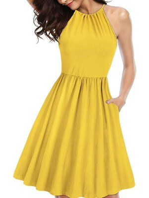 #ad Kilig Women#x27;s Size XL Summer Yellow Dress Sundress Sleeveless Halter NEW $19.99