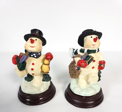 #ad Snowman Figurines Carrying presents on base 4in high Christmas decor set of 2 $9.42