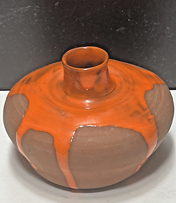#ad Vintage MCM STONEWARE Vase Orange Drip Lava Glaze Over Natural Tan Glaze Signed $38.00