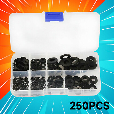 #ad 250pcs Flat Washer Gasket Seal Ring Assortment Black Kit Nylon Rubber Durable Kp $7.67