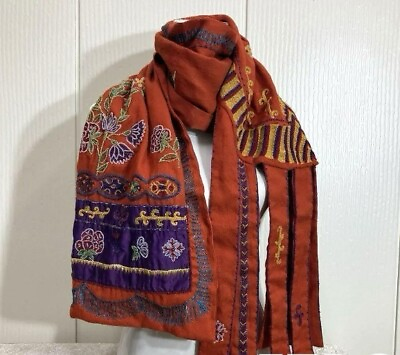 #ad ETRO Large Rectangle scarf Beads Decoration Embroidery Red $272.99