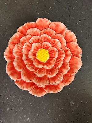 #ad Flower Plate Zinnia Ceramic Pottery Art Orange Flower Signed Spring Summer Table $14.98