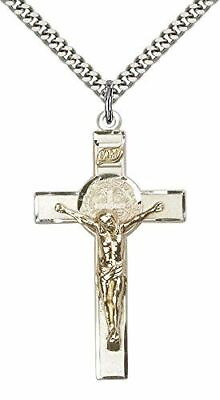 #ad Gold Filled St. Benedikt Pendant St. 24quot; Stainless Silver Heavy Curb Chain $160.75