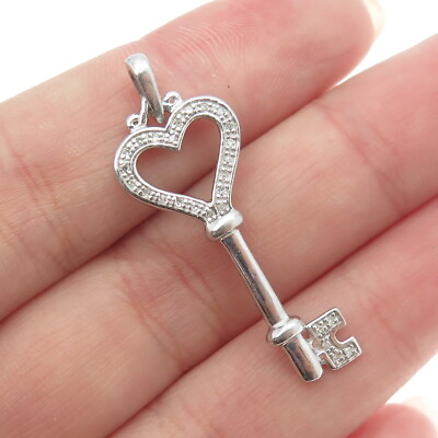#ad 925 Sterling Silver Real Round Cut Diamond Love Key Heart Pendant $59.95