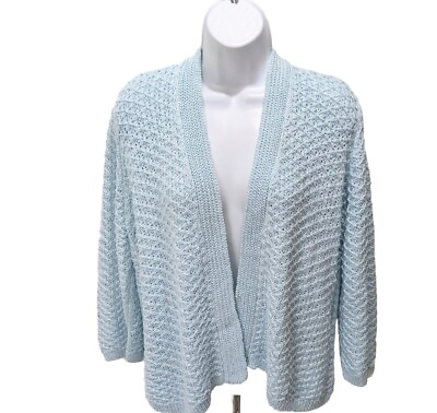 #ad Chico#x27;s 3 Open Front Cardigan Sweater XL Long Sleeve Light Blue Open Knit $20.00