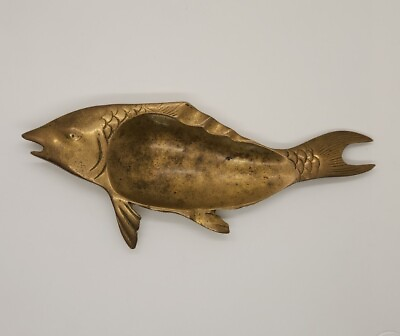 #ad Carp Fish Brass Footed Ashtray Vintage 9 inch Patina Men#x27;s Gift $20.00