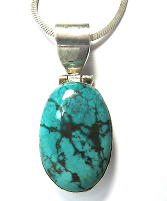 #ad sterling silver fine turquoise pendant necklace 2 mm sterling herringbone chain $89.95