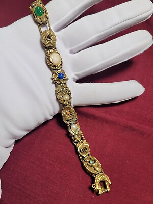 #ad Vintage Goldette NY Victorian Revival Slide Charm Bracelet Gold Tone Signed $49.99