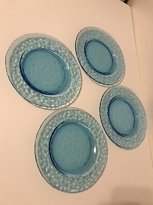 #ad Vintage Set of 4 Blue Textured Glass 8” Salad Plates $30.00