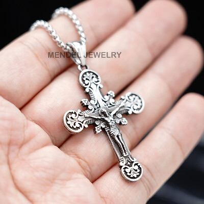 #ad MENDEL Mens Stainless Steel Jesus Christ Crucifix Cross Pendant Necklace For Men $11.99