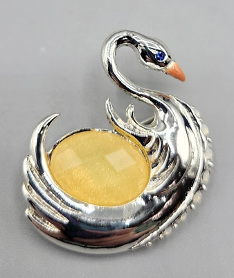 #ad Vintage Silver Tone Swan Brooch Pin w Blue Rhinestone Eye amp; Enamel Painted Beak $25.00