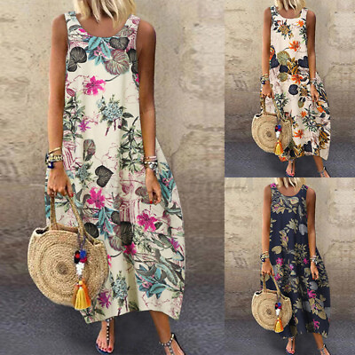 #ad Summer Women Floral Printed Tank Dress Casual Loose Full Length Midi Sundress $13.65