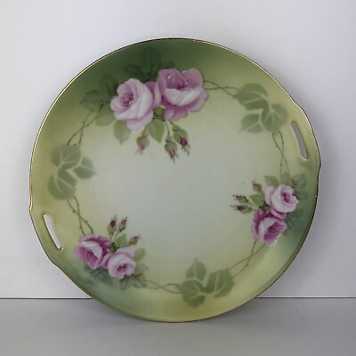 #ad Vintage Antique Handled Dish Plate Floral Roses w Green RS Germany 9.75quot; $29.00
