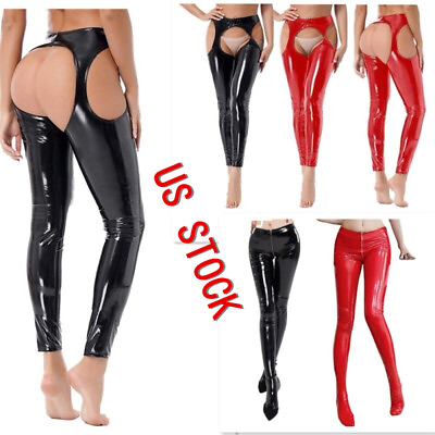 #ad US Women Shiny Leather Tights Cutout Crotchless Open Butt Skinny Pants Clubwear $9.73