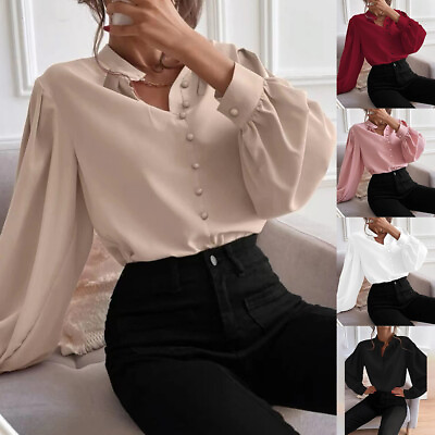 #ad Womens Button Down Tunic Tops OL Ladies Long Sleeve Work Loose Shirt Blouse Size $18.49