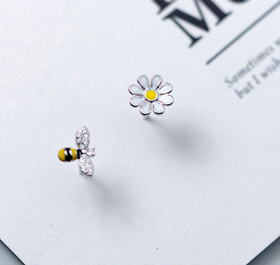 #ad Silver Lovely Yellow White Flower Daisy amp; Honey Bee Pave CZ Stud Earrings $9.99
