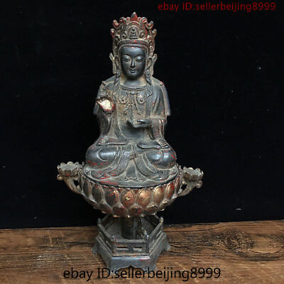 #ad China Buddhism Bronze Gilt Kwan yin Guanyin Buddha Statue Incense Burner Censer $282.20