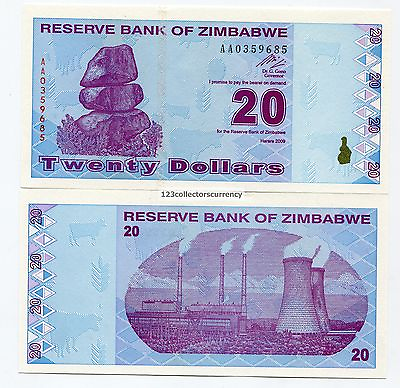 #ad Zimbabwe $20 New Dollar 2009 Equivalent Previous 2000 Trillion X 10 Note Lot P95 $27.85