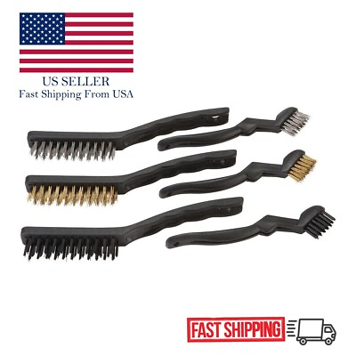 #ad New 6pc Detail Wire Brush Set Steel Brass Nylon Cleaning Polishing Detail Metal $15.95
