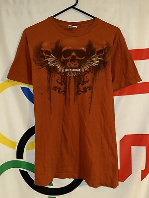 #ad Harley Davidson Motorcycles T Shirt Mens Large Orange Short Sleeve Skull Wings $11.97