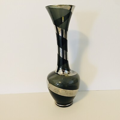 #ad Mid Century Modern ENESCO Smokey Glass Silver Spiral Bud Vase Japan Vintage $19.99