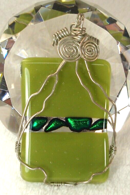 #ad Silver Tone Wire Wrapped Pendant Dichroic Green Foiled Art Glass Green $16.00