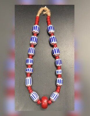 #ad Vintage Venetian Chevron Glass Beads With African White Heart Beads Trade Strand $230.00