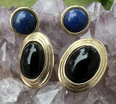 #ad 14k Gold Black Onyx and blue Stud Earrings lot of 2 1 pair missing post back $190.00