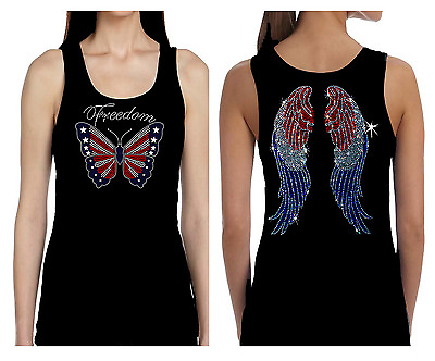 #ad BUTTERFLY FLAG ANGEL WINGS RHINESTONE 4TH OF JULY VETERANS DAY TANK TEE SHIRT $30.49