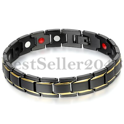 #ad Stainless Steel Mens Gold Black Tone Power Element Magnetic Health Bracelet 8.3quot; $16.99