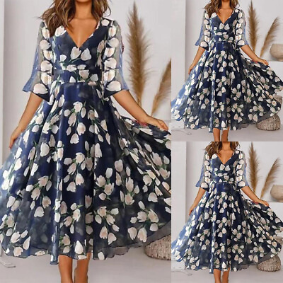 #ad Womens Boho Floral V Neck Midi Dress Ladies Evening Party Swing Dress Plus Size $20.70