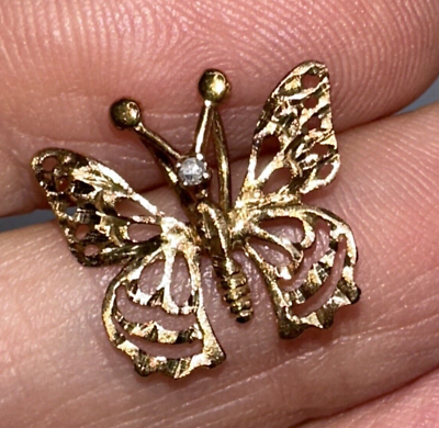 #ad Diamond Chip Gold Butterfly Pendant Open Laser Cut Charm $65.88