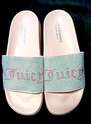 #ad Juicy Couture Women#x27;s Wander Rhinestone Sparkle Glitter Logo Slide Sandals Sz 9M $38.67