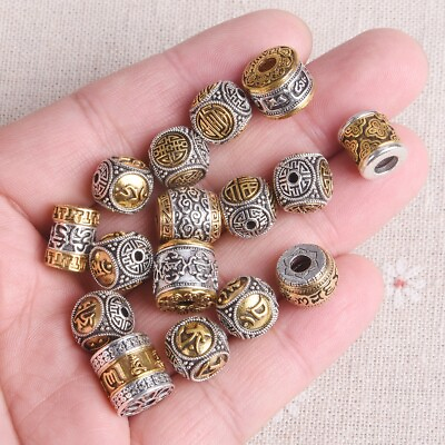 #ad 5pcs Round Cylinder Nepalese Buddhist Tibetan Silver Gold Loose Metal Beads $3.48