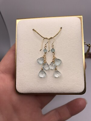 #ad 14K Gold Natural Aquamarine Earrings Briolette Dangle SPRING SPECIAL $74.99