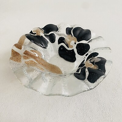 #ad Sydenstricker Fused Glass Black Gold Orchid Flowers Ruffled Edge Bowl 6.75” $8.99