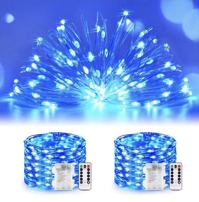 #ad 2 Packs Blue Fairy Lights Battery Operated 33 ft 100 LED Waterproof Remote $7.99