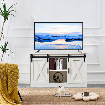 #ad Farmhouse TV Stand Cabinet for 50#x27;#x27; TV with Sliding Barn Door Cabinet Sideboard $194.99