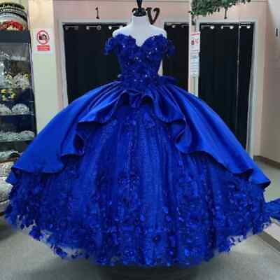 #ad Blue Shiny Princess Quinceanera Dresses 3D Floral Applique Off Shoulder Dress $174.00